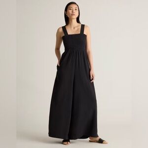Quince Organic Cotton Gauze Smocked Wide Leg Black Jumpsuit